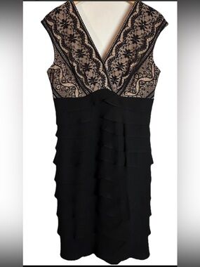 Vintage Jessica Howard Black Sheath Dress Lace Top Ruffle Tiered Skirt V-Neck